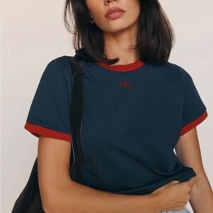 Reformation Classic Crew Ringer Tee Navy Red 100% Cotton Midnight Logo